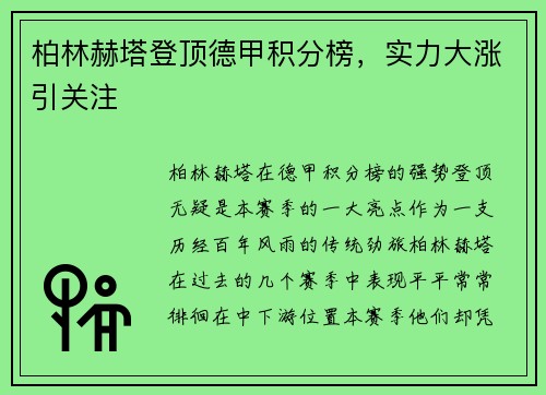 柏林赫塔登顶德甲积分榜，实力大涨引关注